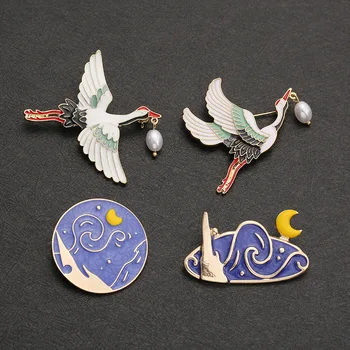 Игли с емайл в китайски стил, ретро брошки-Кранове За жени, Красиви икони с изображение на животно, във формата на облак и на Луната, Корсаж, Жени за ревери, украса за партита, подаръци